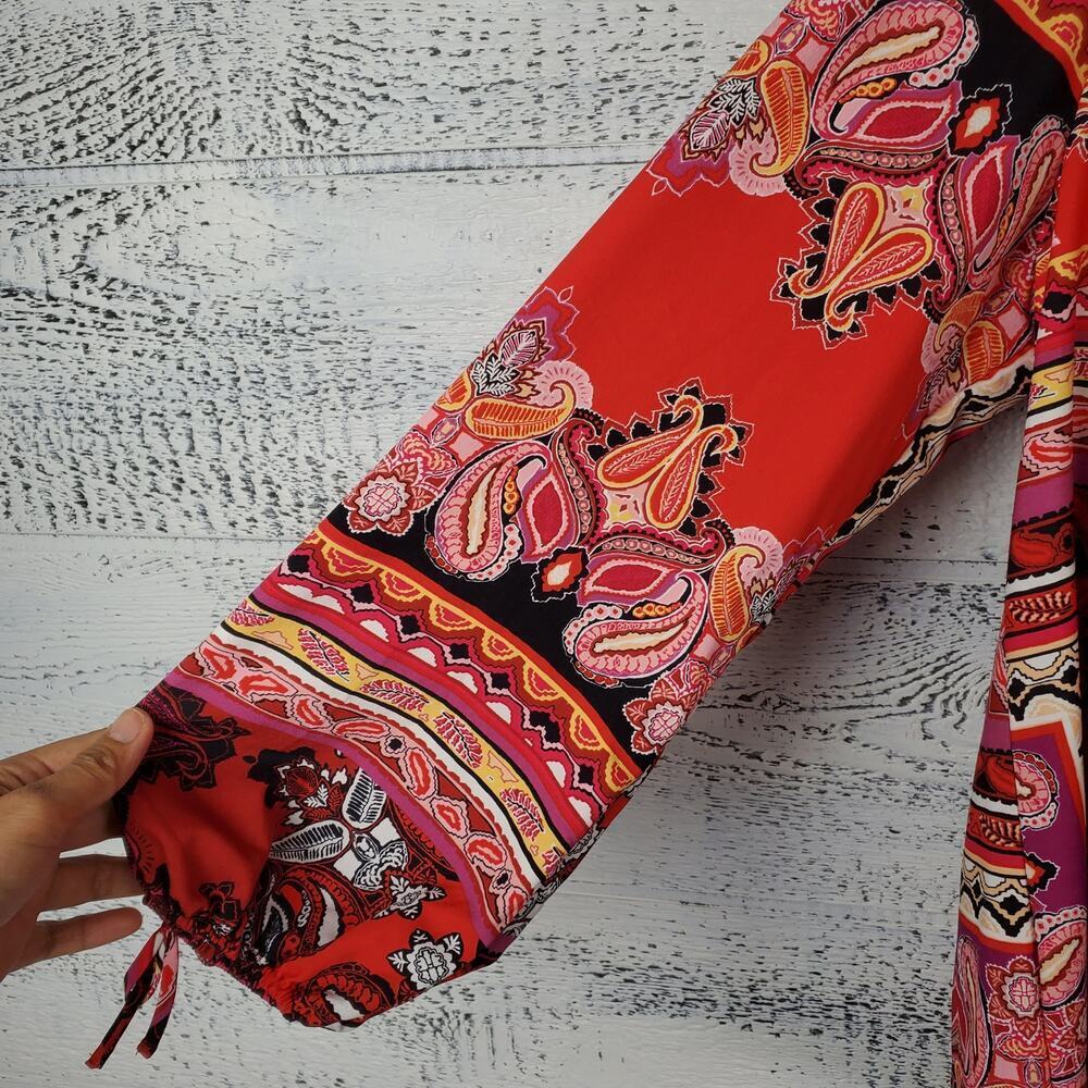 Chico’s Patched Paisley Peasant Top Red Tie Sleeve Boho Renaissance Size 2 NWT - Picture 5 of 8